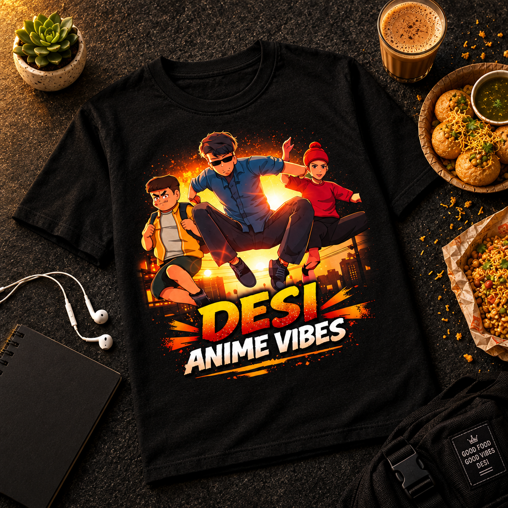 Desi Anime Vibes Backbenchers Rise black graphic T-shirt clean flat lay