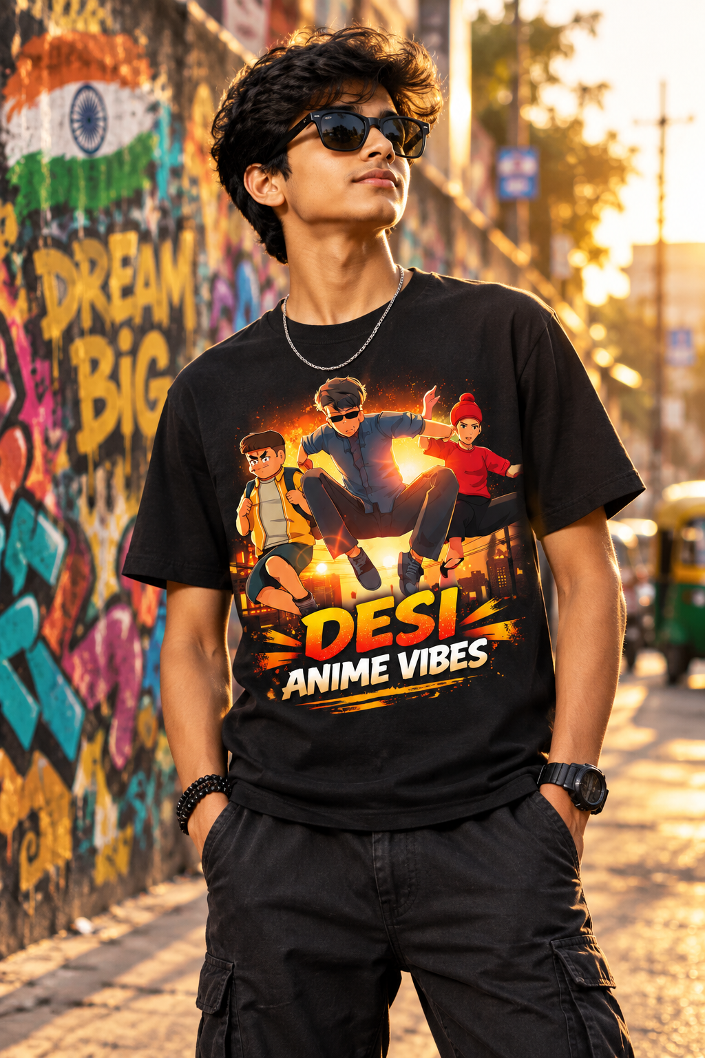 Desi Anime Vibes Backbenchers Rise graphic T-shirt hero shot